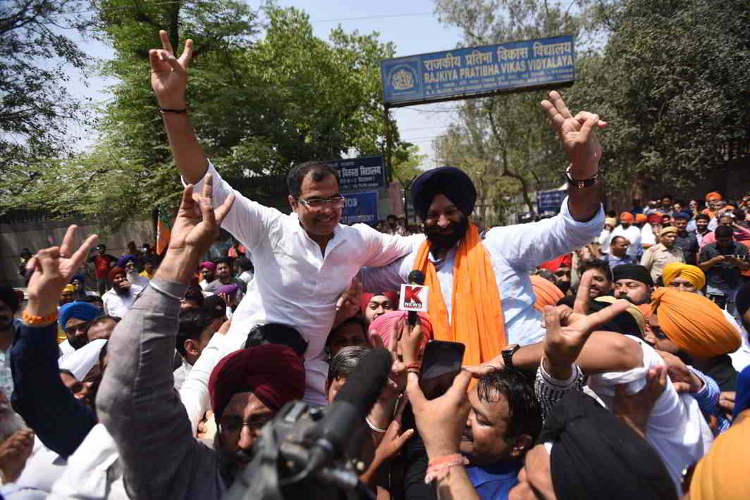 VICTOR: Manjinder Singh Sirsa of the BJP-Akali alliance celebrates his win in the Rajouri Garden bypolls