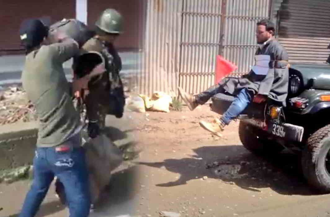 A TV grab shows a Kashmiri youth assaulting a CRPF jawan; (right) a Kashmiri man tied to the hood of an army jeep as ‘protection’