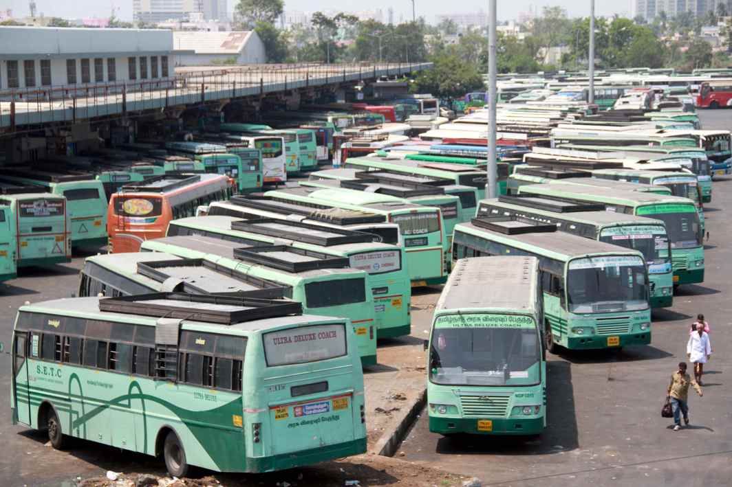 NOWHERE TO GO: Tamil Nadu State Transport Corporation buses remain parked at Koyambedu mofussil bus terminus following strike called by the trade unions to press their charter of demands, in Chennai, UNI