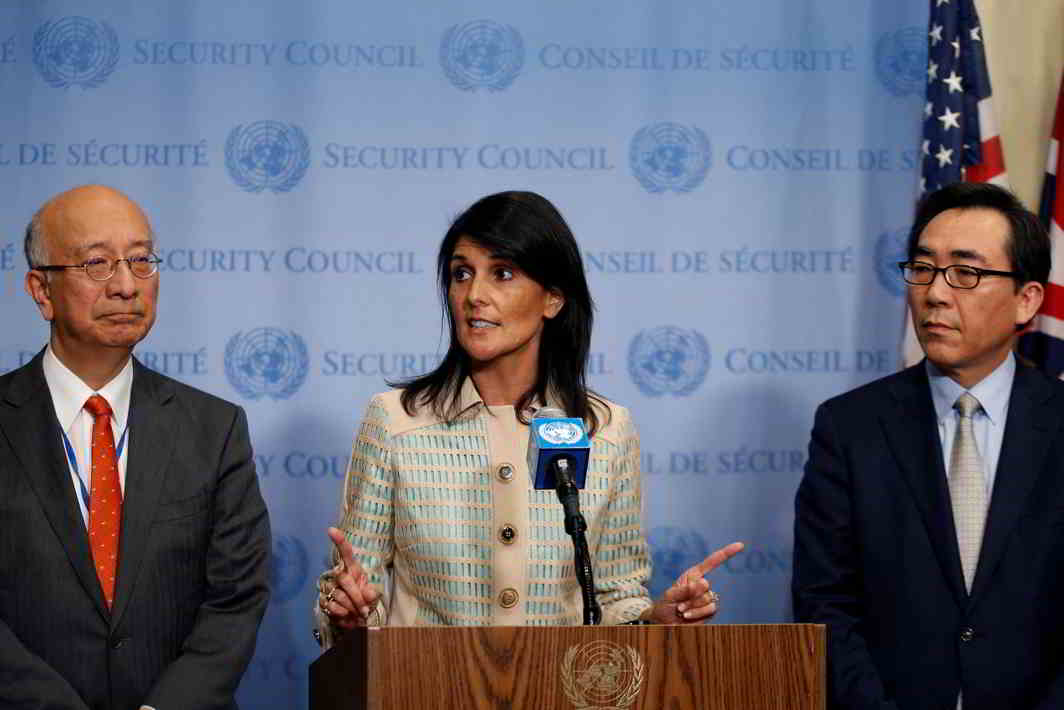 TALKING HEADS: US ambassador to the United Nations Nikki Haley speaks while Japan's UN Ambassador Koro Bessho and South Korea's UN Ambassador Cho Tae-yul look on during a news encounter ahead of an emergency meeting of the UN Security Council in New York, Reuters/UNI