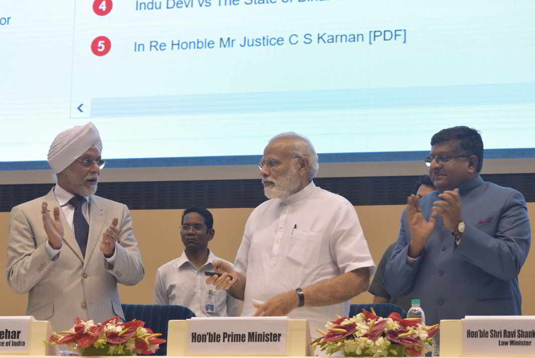 DIGITAL PUSH: Prime Minister Narendra Modi inaugurates the Integrated Case Management Information System, in New Delhi. Chief Justice of India Justice JS Khehar and Union minister for law and justice and information technology Ravishankar Prasad are also seen, UNI