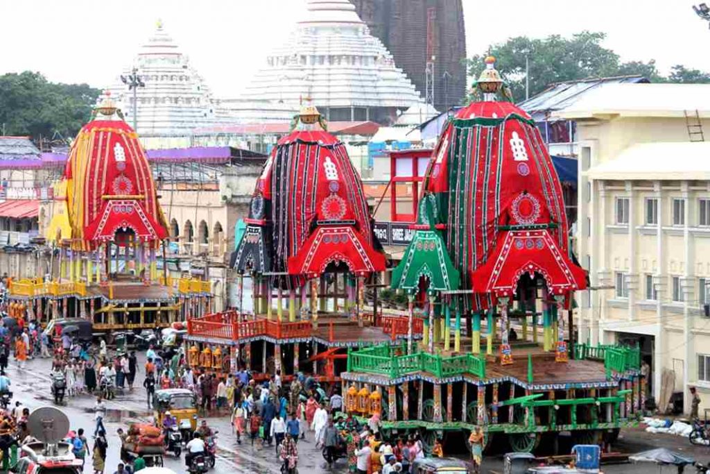 RIDE OF THE GODS: Chariots of Lord Jagannath, Balabhadra and Goddess Subhadra lined after being readied ahead of the annual Rathayatra Car Festival, in Puri, UNI