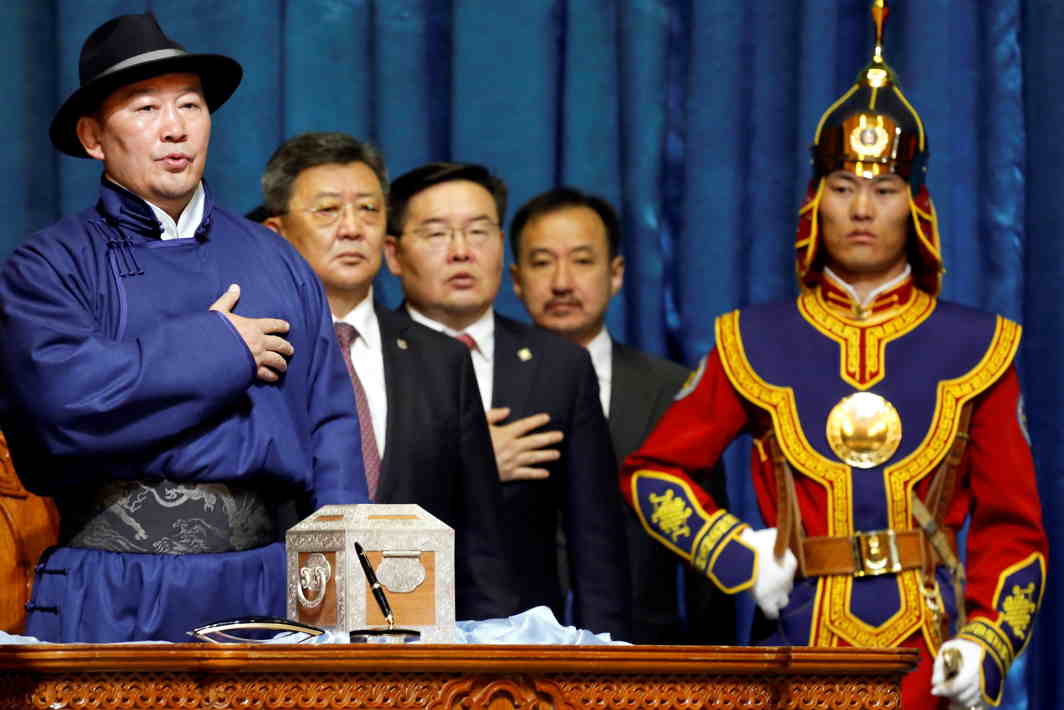 NEW PROMISES: Mongolia's new president, Khaltmaa Battulga, takes oath in Ulaanbaatar, Mongolia. Reuters/UNI