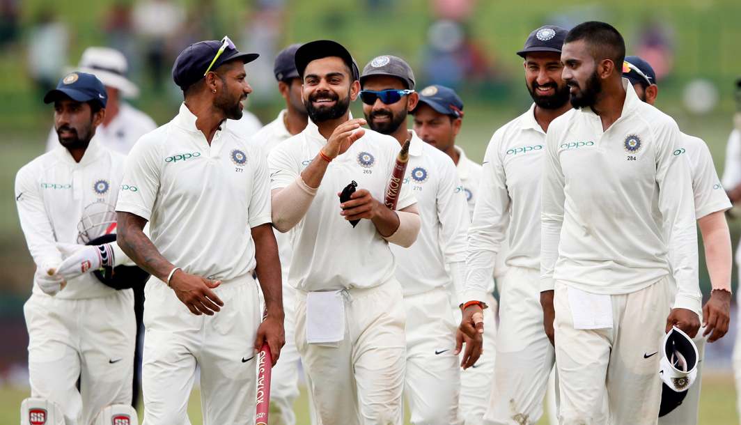 CAKEWALK: India's captain Virat Kohli celebrates with his teammates after they win Test match and series against Sri Lanka in Pallekele, Reuters/UNI