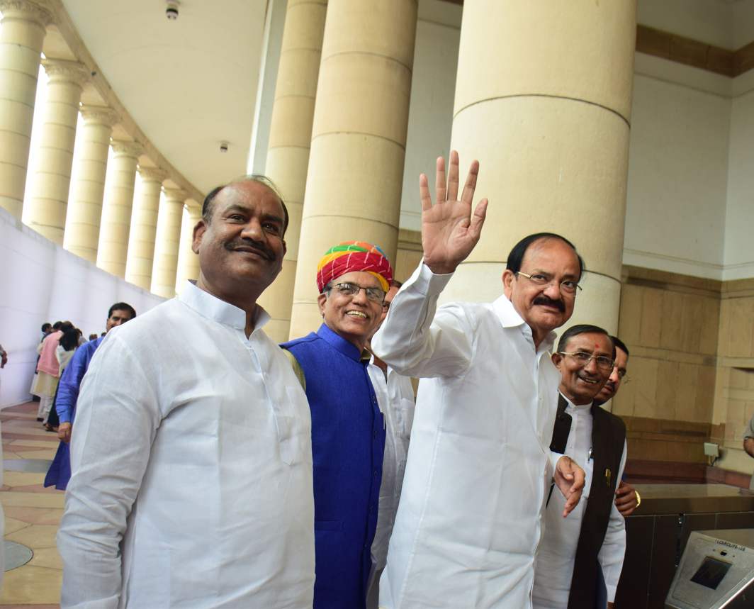 ELECT ME: NDA vice-presidential candidate M Venkaiah Naidu after casting his vote for the vice-presidential election at Parliament House in New Delhi, UNI