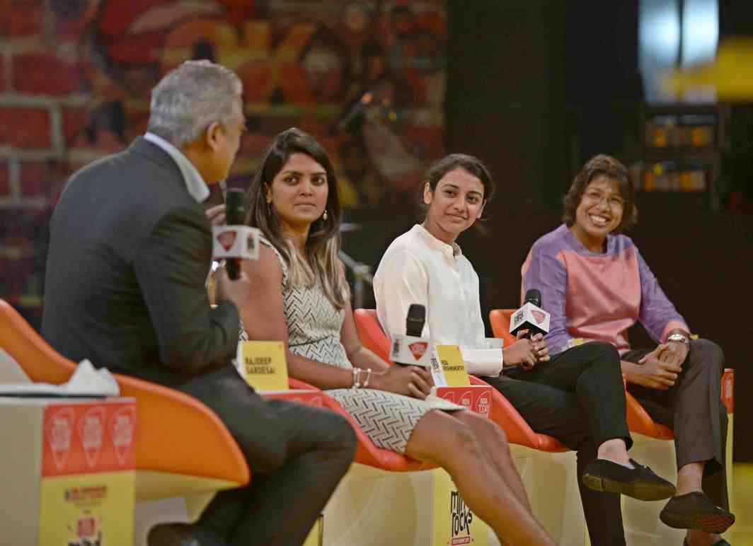 THREE HEROES: Members of Indian women’s cricket team Veda Krishnamurthy, Smriti Mandhana and Jhulan Goswami at the India Today Mind Rocks 2017, in New Delhi, UNI