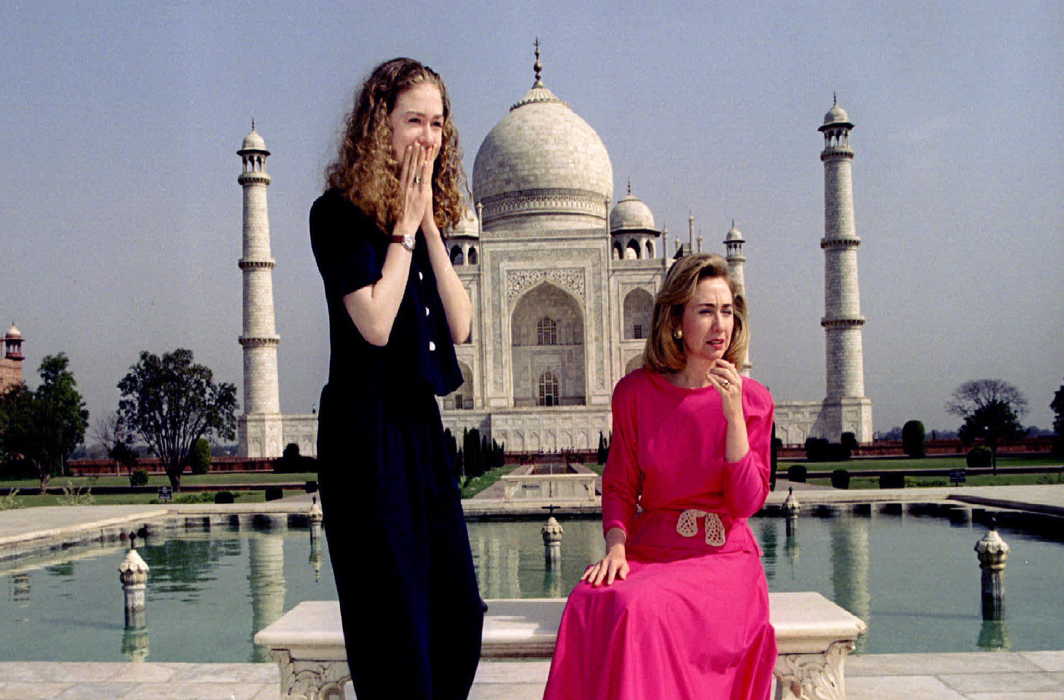 Hillary Clinton, then First Lady of the USA, and daughter Chelsea at the Taj Mahal. Credit: Agencies