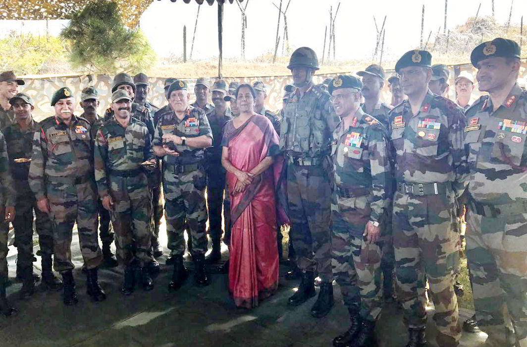 Union defence minister Nirmala Sitharaman interacting with Army officers and jawans, at Kibithu forward post in Arunachal Pradesh on Sunday. Photo credit: PIB