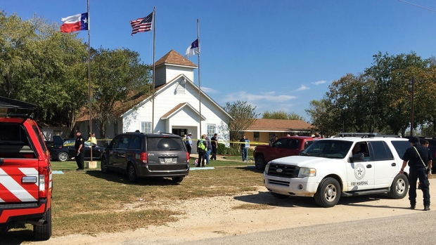The Baptist church in Sutherland Springs, Texas where 26 men were killed, 20 others injured in a gun attack on Sunday. Photo credit: CBC