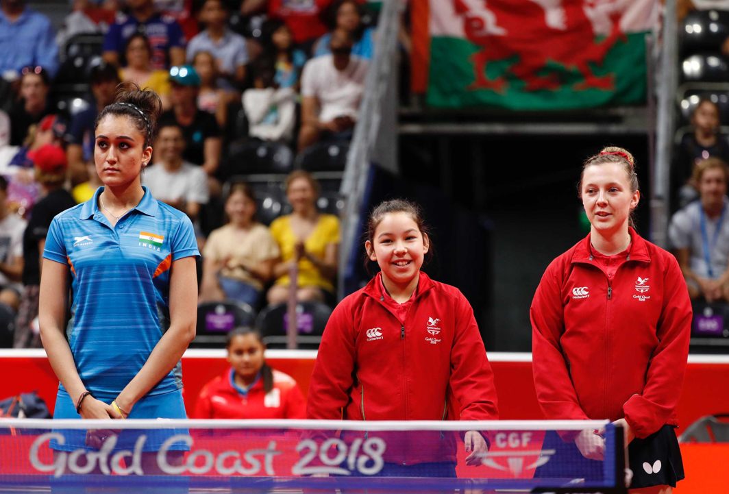 MATCH UP: Manika Batra of India, and Anna Hursey and Chloe Thomas of Wales ahead of their match at Gold Coast 2018 Commonwealth Games, Reuters/UNI