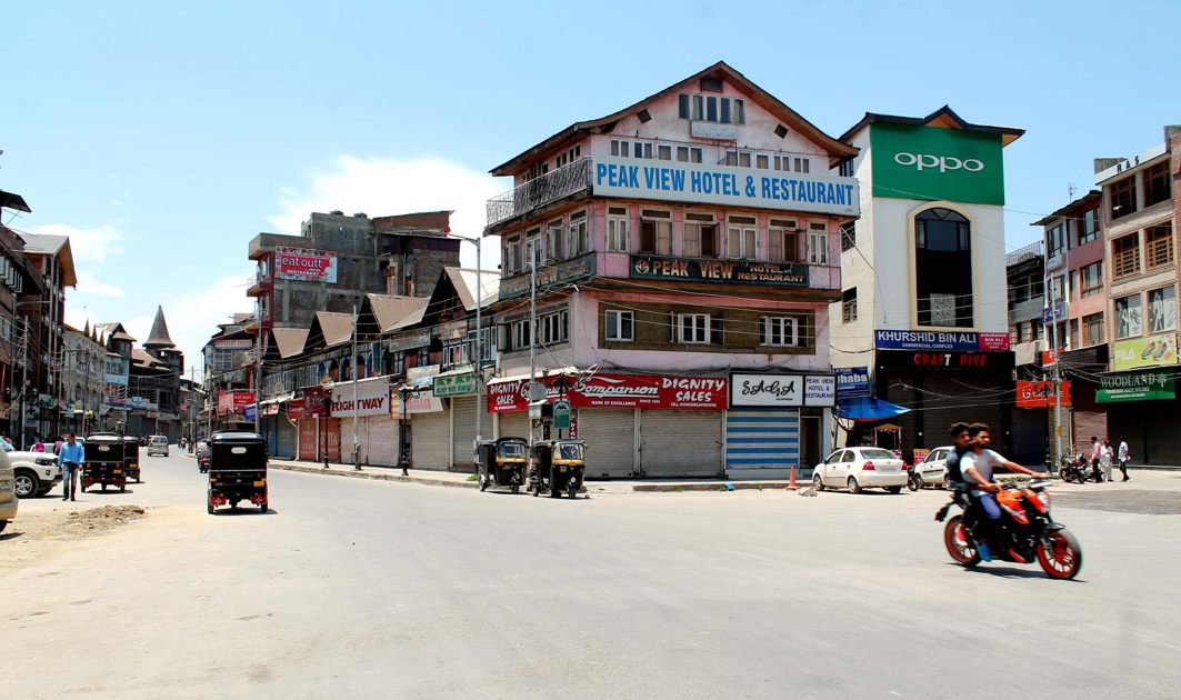 Shops and business establishments closed at Lal Chowk, in Srinagar, as Kashmir valley observe a complete shutdown following a call given by separatists in protest against civilian killings allegedly by security forces, UNI