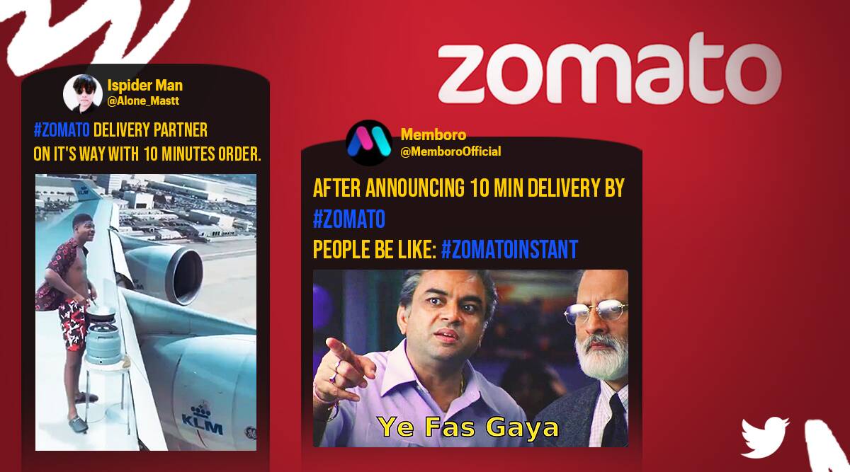 memes of Zomato's 10-minute meal delivery announcement