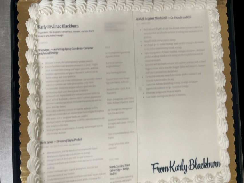 Woman sends her resume to Nike printed out on a cake