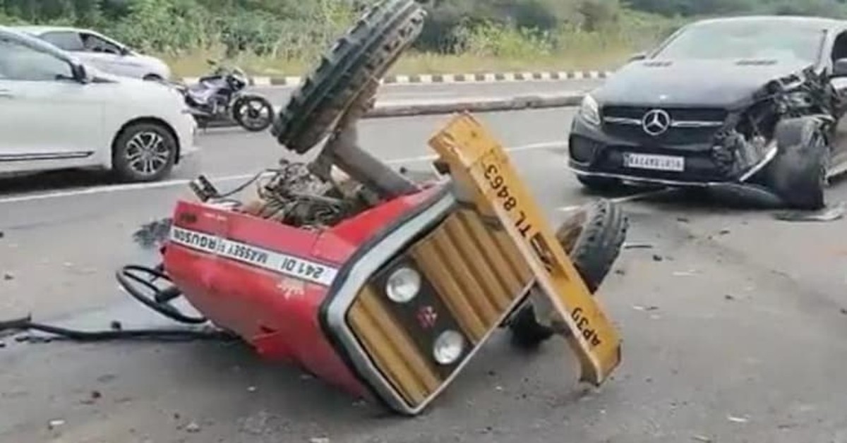 Andhra Pradesh: Tractor breaks into two parts after head-on collision with Mercedes Benz car in Tirupati | WATCH