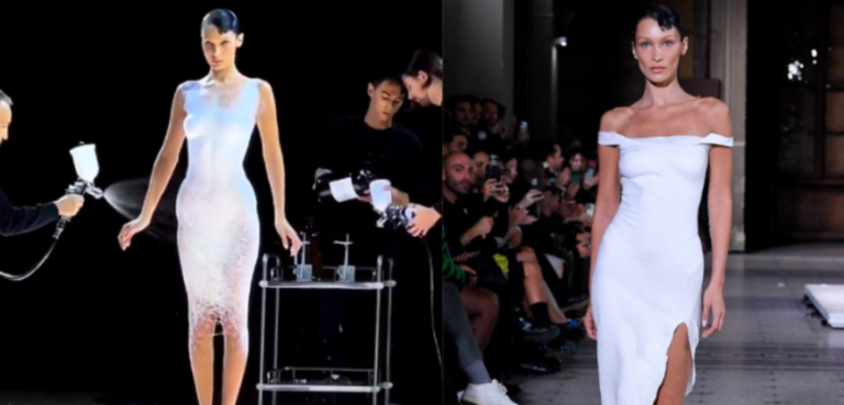 Bella Hadid gets dress, sprayed on herself live at Paris Fashion Week ...