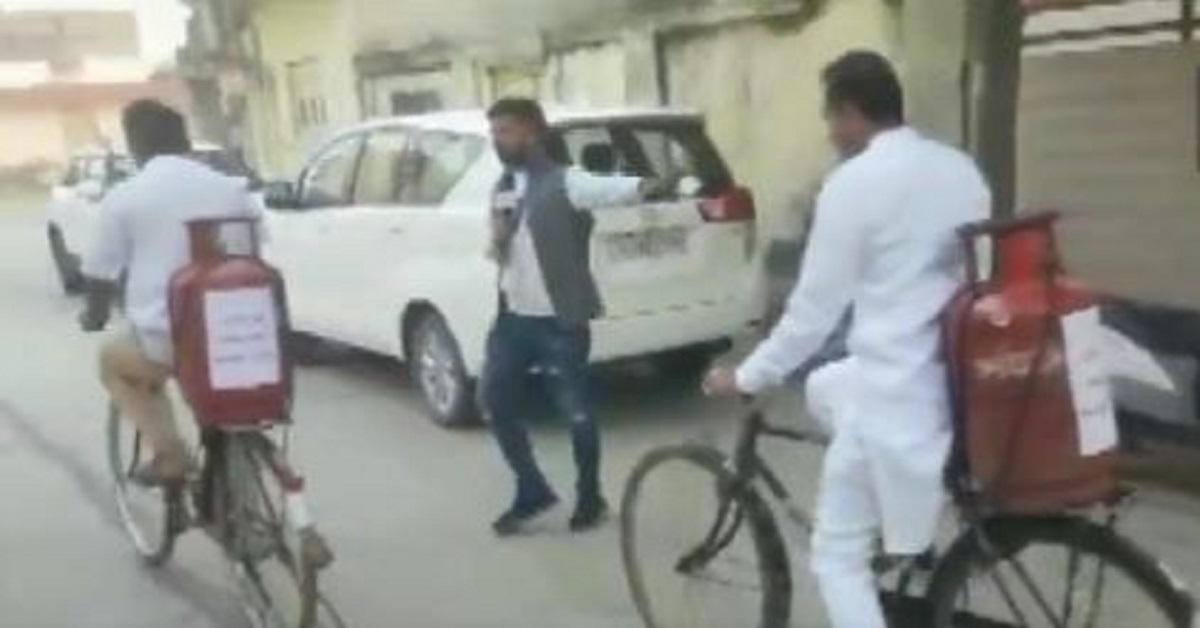 Gujarat Congress MLA reach with cylinder on his bicycle