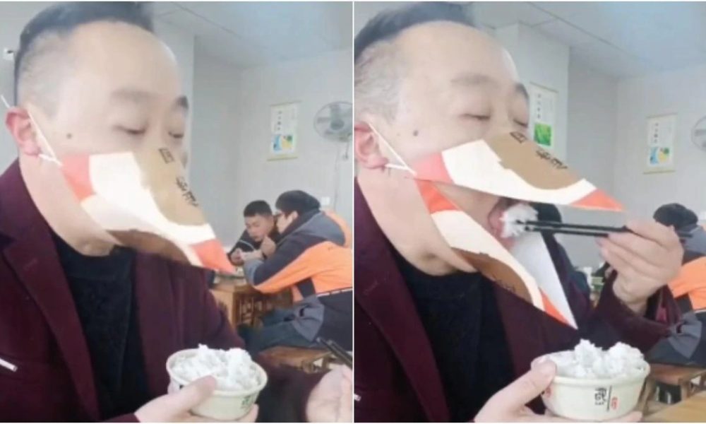 Video of man eating rice while wearing beak-shaped face mask goes viral | WATCH