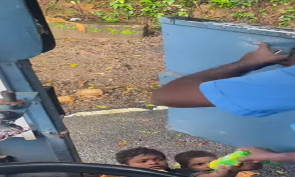 bus driver giving food to children