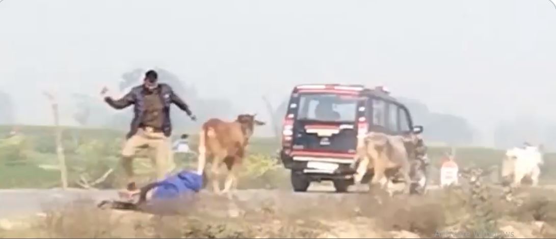 policeman kicking and beating the farmer