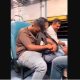 Man traveling in train with dog in backpack