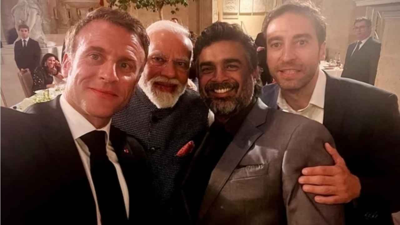 French President Emmanuel Macron clicks selfie with PM Narendra Modi, R Madhavan and Mathieu Flamini