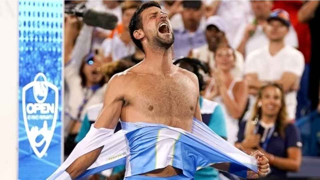 Novak Djokovic rips his shirt in celebration after defeating Carlos Alcaraz at the men’s singles final of the Western & Southern Open